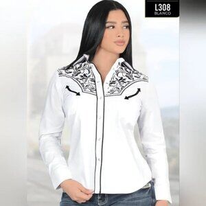 "NWT" Rodeo Western Embroidered Women's Long Sleeve Shirt White- Size 2XL